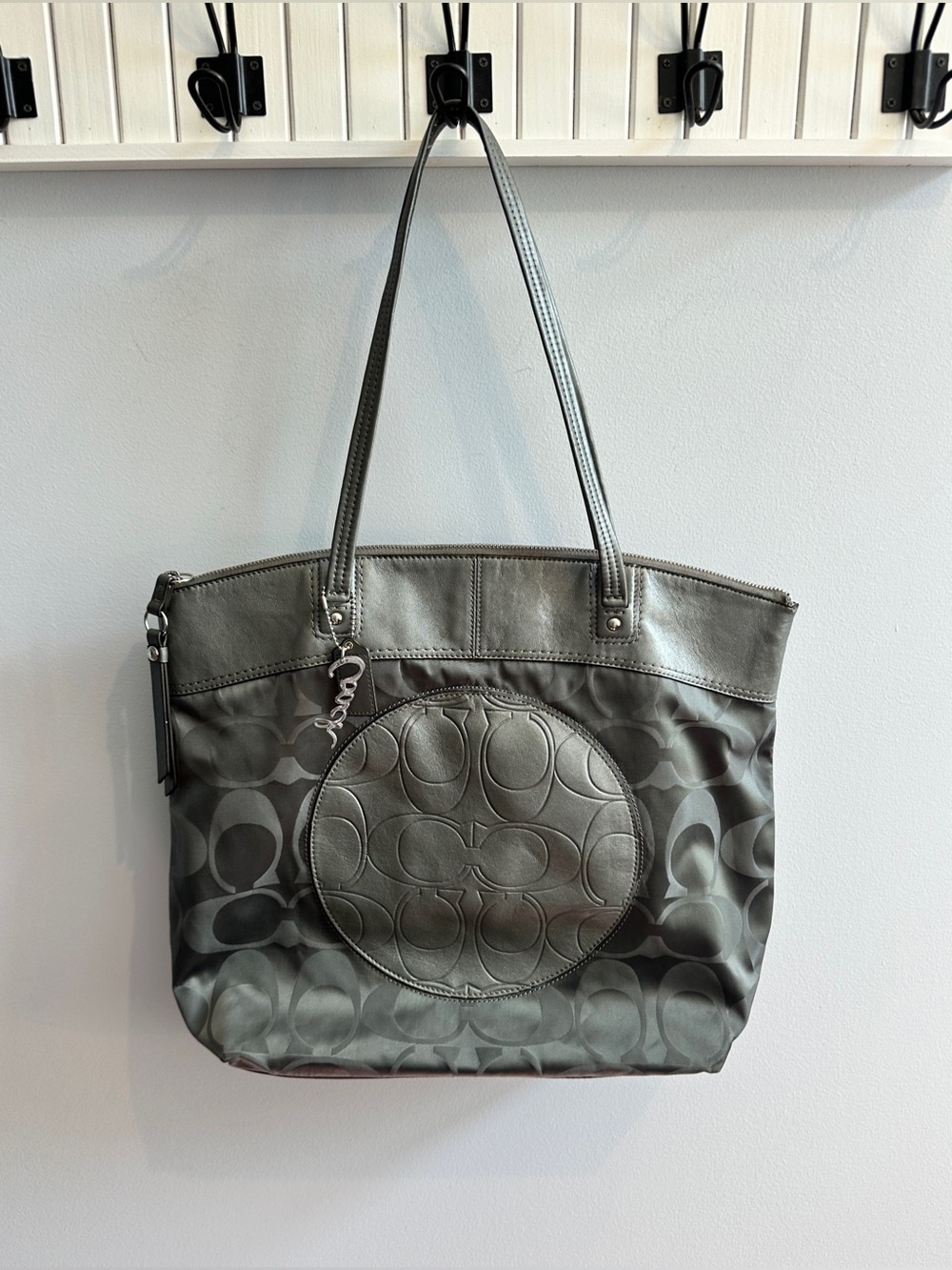 Coach Laura Dark Grey Signature Circle Tote Shoulder Bag
